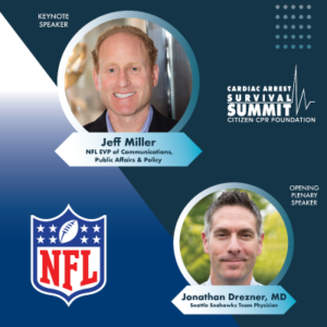 A graphic announcing two plenary and opening speakers at the Cardiac Arrest Survival Summit: Jeff Miller and Jonathan Drezner, MD. 