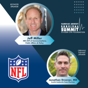 A graphic announcing two plenary and opening speakers at the Cardiac Arrest Survival Summit: Jeff Miller and Jonathan Drezner, MD.